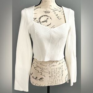 Ribbed White Sweetheart Long Sleeve Crop Top